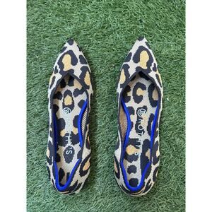 Rothys The Point Shoes Women Sz 7 Black Big Cat Knit Ballet Flats Leopard